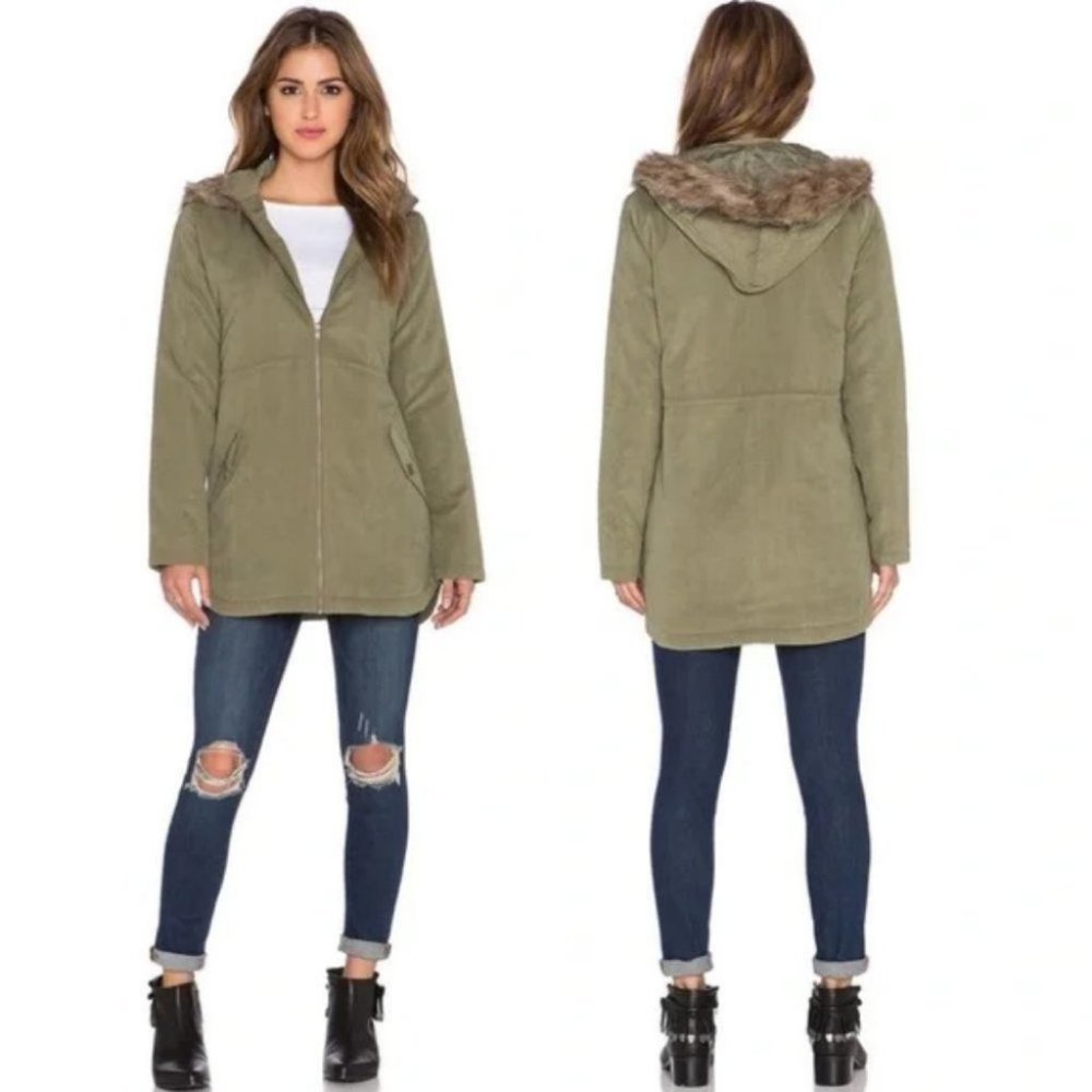 Revolve BB Dakota Army Green Faux Fur Ashland Coat Jack Size S Hood Jacket NEW